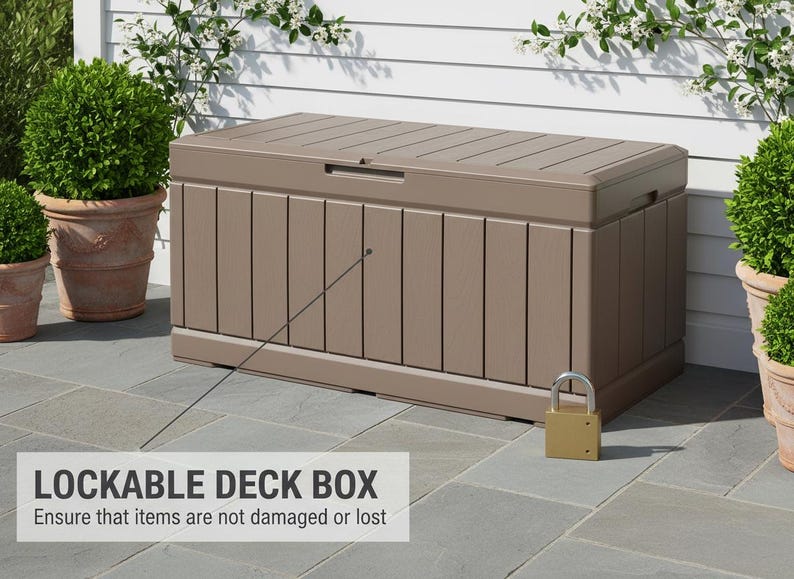 May include: A brown lockable deck box with a rectangular shape and a ridged lid. The box has vertical paneling on the front and sides. A gold padlock secures the box. Text on the image reads: LOCKABLE DECK BOX.