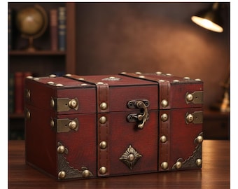 Vintage Pirate Treasure Chest Jewelry Box – Antique Wooden Keepsake Storage Box with Leather Accents for Jewelry, Tarot Cards, Wedding Cards