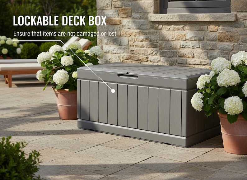 May include: A gray lockable deck box with vertical paneling, designed for outdoor storage. The box is on a stone patio, with white flowers in terracotta pots nearby. The text "LOCKABLE DECK BOX" is visible.