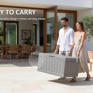 May include: A gray storage container with built-in handles is being carried by a man and a woman. The text "EASY TO CARRY" is at the top of the image, with the text "Built-in-handles design makes carrying easier" below it.