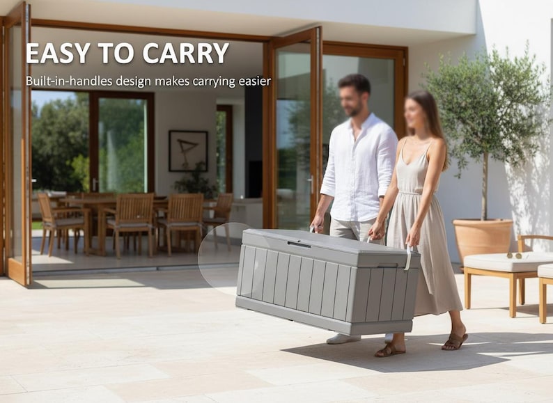 May include: A gray storage container with built-in handles is being carried by a man and a woman. The text "EASY TO CARRY" is at the top of the image, with the text "Built-in-handles design makes carrying easier" below it.