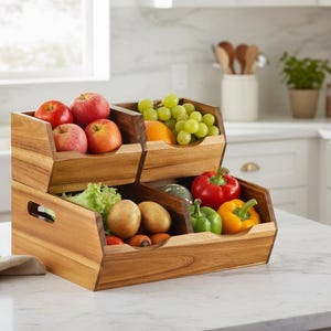 May include: A tiered wooden produce storage bin filled with fresh fruits and vegetables. Apples, grapes, bell peppers, potatoes, and lettuce are visible. The bin is made of light brown wood and sits on a white countertop.