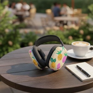 Puede incluir: Auriculares con diadema y almohadillas negras, con un estampado de piñas amarillas y rosas y hojas verdes sobre fondo crema. Descansan sobre una mesa marrón oscuro, junto a una taza de café y un bloc de notas.