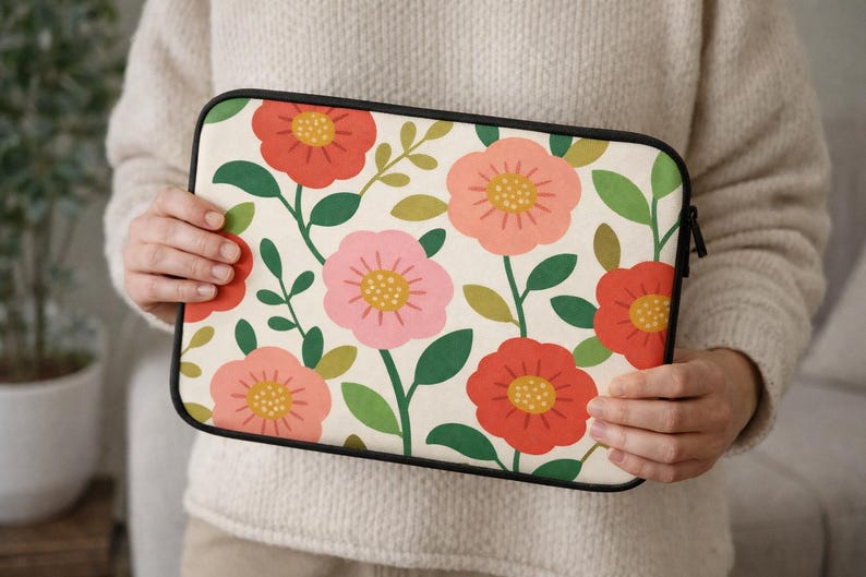 May include: A floral laptop sleeve featuring a cream background with a pattern of red, pink, and yellow flowers, green leaves, and black trim. The sleeve is held by a person.