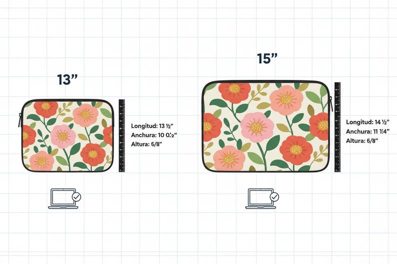 May include: Floral laptop sleeves in two sizes, 13" and 15". The 13" sleeve measures 13 1/2" long, 10 0/2" wide, and 5/8" high. The 15" sleeve measures 14 1/2" long, 11 1/4" wide, and 6/8" high. Both feature a cream background with red and pink flowers.