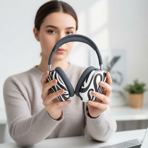 Puede incluir: Auriculares supraaurales con diseño de estampado de cebra. Los auriculares son blancos con rayas negras, y la diadema y las almohadillas son grises. Los auriculares son sostenidos por una persona.