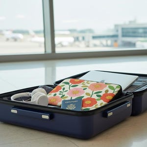 May include: Open navy blue suitcase with travel essentials. Inside, a laptop, floral patterned case, passport, and white headphones are visible. The suitcase is on a shiny floor with an airport terminal in the background.