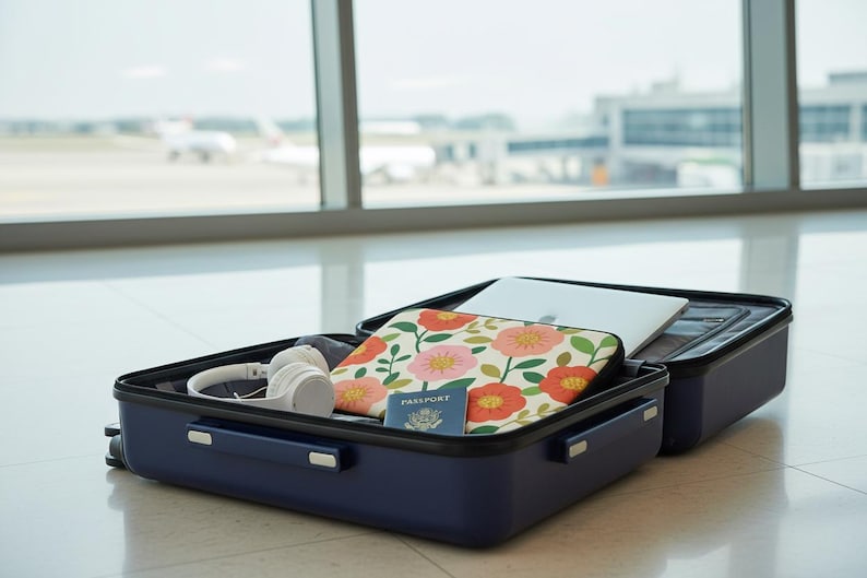 May include: Open navy blue suitcase with travel essentials. Inside, a laptop, floral patterned case, passport, and white headphones are visible. The suitcase is on a shiny floor with an airport terminal in the background.