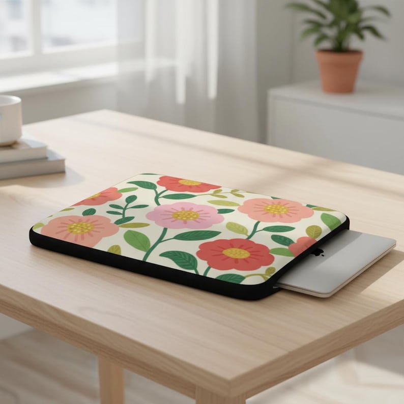 May include: A floral laptop sleeve featuring a cream background with red, pink, and yellow flowers and green leaves. The sleeve has a black border and a laptop is partially inserted. The sleeve is on a light wood table.