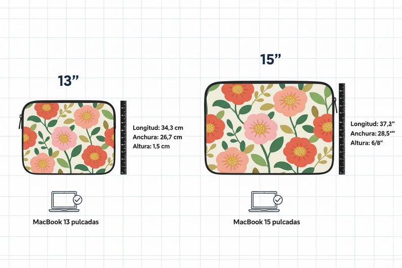 May include: Floral patterned laptop sleeve in two sizes: 13-inch (34.3 cm long, 26.7 cm wide, 1.5 cm high) and 15-inch (37.3 inches long, 28.5 inches wide, 6/8 inches high). The design features red, pink, and yellow flowers with green leaves on a cream background.