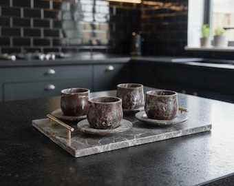Rosso Lavanta-marmeren espressokopset met blad | Handgemaakte luxe Turkse koffiecadeauset