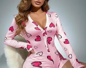 Pink Heart Print Long Sleeve Romper