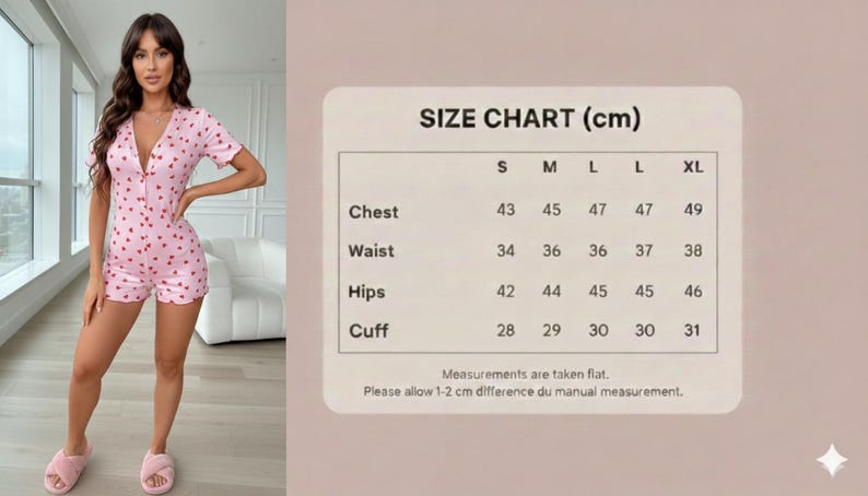 Puede incluir: Mono rosa con estampado de corazones. El mono tiene un escote en V y mangas cortas. Se muestra una tabla de tallas en cm, que muestra medidas de pecho de 43 cm a 49 cm.