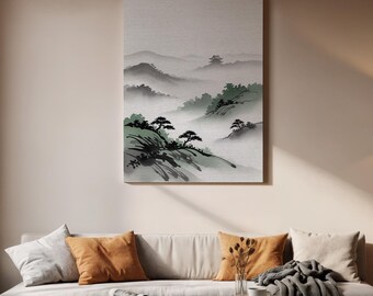 Misty Mountain Landscape Canvas Art, Japanese Style Nature Wall Art, Zen Foggy Hills Canvas for Living Room Bedroom Modern Decor