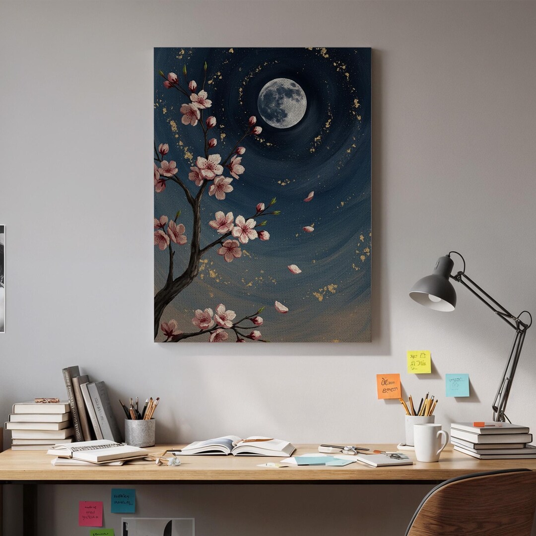 Cherry Blossom Moon Canvas Art, Night Sky Floral Artwork, Japanese ...