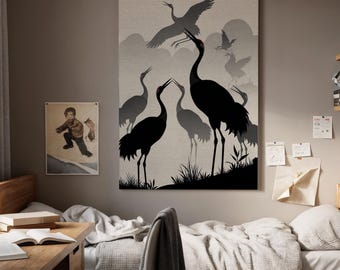Crane Silhouette Canvas Art, Japanese Bird Wall Decor, Minimal Asian Artwork, Zen Nature Canvas, Bedroom Living Room Office Decor