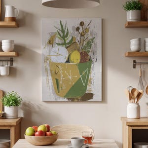 Arte abstracto de naturaleza muerta en lienzo, decoración de pared de cocina moderna, ilustración de frutas neutras, diseño botánico minimalista, lienzo contemporáneo para el hogar.