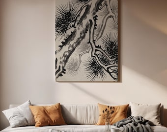 Abstrakt botanisk canvastavla, minimal svartvit väggdekor, modern linjekonst naturcanvas, skandinavisk vardagsrumsinredning