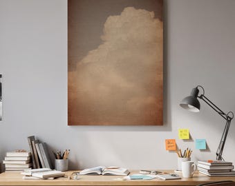 Art minimaliste sur toile nuage, décoration murale neutre et chaude, oeuvre d'art bleu ciel beige, design atmosphère douce et abstraite, style bureau à domicile moderne
