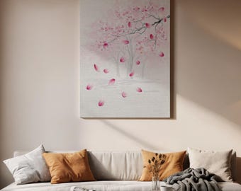 Lienzo con flores de cerezo, decoración de pared japonesa de sakura, lienzo floral rosa suave, obra de arte de naturaleza zen, decoración relajante para sala de estar y dormitorio.