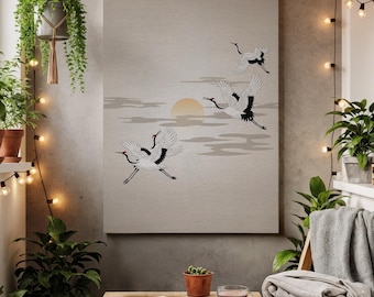 Flying Cranes Canvas Art, Asian Minimal Wall Decor, Elegant Bird Illustration, Serene Zen Style Artwork for Living Room, New Home Gift