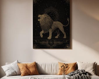 Leo Löwe Leinwandkunst, Sternzeichen-Astrologie-Illustration, himmlische kosmische Löwe-Wanddekor, mythische Sternsymbol-Leinwand für modernes Zuhause