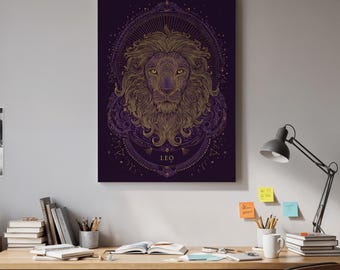 Leo Sternzeichen Löwe Leinwandkunst, lila goldene Astrologie Illustration, königliche himmlische Löwe Wanddekoration, Horoskop Symbol Leinwand für ein modernes Zuhause