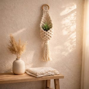 May include: A macrame plant hanger with a wooden ring and a tassel, holding a small green plant. The beige-colored hanger is suspended against a textured wall. A vase with dried grass and a folded blanket are on a wooden bench.