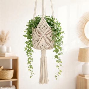 以下が含まれることがあります： 緑の植物が入った、吊り下げ式のマクラメプランター。 オフホワイトのマクラメのデザインは、ダイヤモンド模様と長いタッセルが特徴です。 植物の鉢は薄いピンク色で、植物は緑の葉をしています。