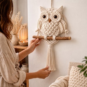 Puede incluir: Un colgante de pared de macramé con forma de búho de color crema. El búho presenta grandes ojos redondos, un pico de madera y un anillo dorado. Está posado sobre un listón de madera y tiene una larga borla. El colgante se exhibe contra una pared blanca.