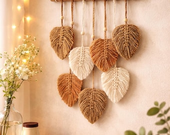 Macrame Leaf Wall Hanging Boho Fiber Decor Handmade Botanical Brown Wall Art