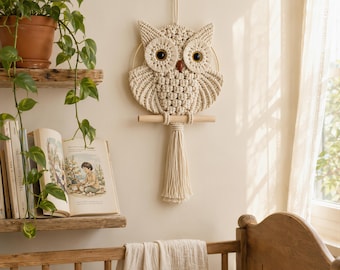 Boho Nursery Wall Hanging | Retro 70s Macrame Owl | Woven Cotton Bird Art Decor