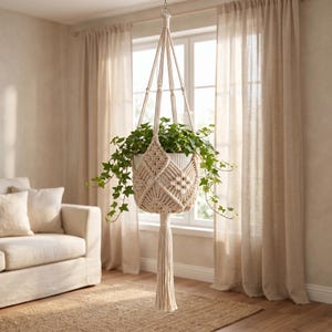Macrame Plant Hanger, Boho Indoor Hanging Planter, Cream Cotton Pot Holder for Living Room