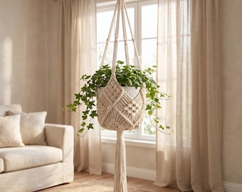 Macrame Plant Hanger, Boho Indoor Hanging Planter, Cream Cotton Pot Holder for Living Room