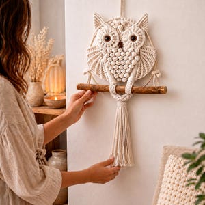 Puede incluir: Un colgante de pared de macramé con forma de búho en color crema, con una percha de madera y una larga borla. El búho tiene grandes ojos redondos y está suspendido de un cordón de fibra natural. Decoración para el hogar.