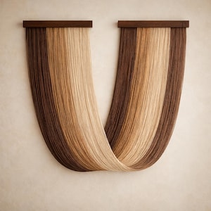 May include: Two wall hangings with a minimalist design. Each piece features vertical strands in shades of brown and beige, suspended from a dark wooden bar. The strands curve and meet at the bottom, creating a unique, artistic display.