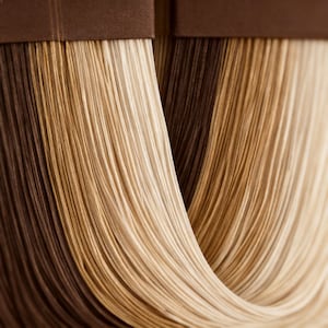 May include: Close-up of hair extensions in various shades of brown and blonde. The extensions are arranged in a flowing, curved pattern, with a dark brown band at the top. The image highlights the different color variations and textures of the hair.