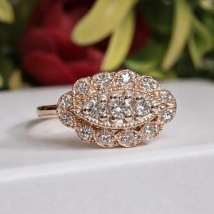 Vintage Moissanite Marquise Ring, 14K Rose Gold Cluster, Art Deco Engagement
