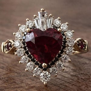 Art-deco hartvormige moissanietring, 14K gouden robijnrode jubileumring