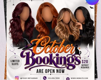 Flyer de réservation d'octobre, Modèle de flyer de réservation d'Halloween, Modèle Canva de prise de rendez-vous pour salon de coiffure, extensions de cils et ongles, Flyer pour événement d'Halloween, Canva