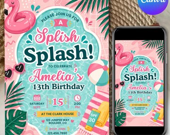 Invitación de cumpleaños para fiesta en la piscina para chicas, Fiesta de cumpleaños en la piscina, Invitación para fiesta en la piscina, Cumpleaños de adolescentes, Fiesta de verano en la piscina, Editable en Canva