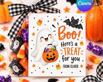 Afdrukbare Halloween-traktatietag, Boo, hier is een traktatie voor jou-tag, gunsttag in de klas, Halloween-cadeautag, instant download