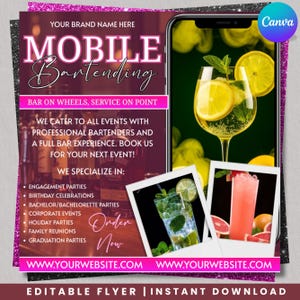 Mobile Bartending Flyer, Mixologist Flyer, Portable Bar Flyer, Event Bartender Flyer, Corporate Party Drink Services Flyer, Canva Editable