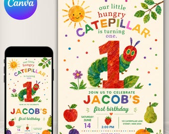 Invitación de cumpleaños de La oruga muy hambrienta, invitación digital editable para la primera fiesta de cumpleaños, plantilla de Canva de descarga instantánea.
