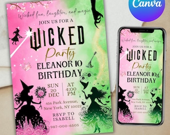 Invitación de fiesta de cumpleaños de Wicked, invitación de fiesta de Wicked, boleto de película inspirado en WICKED, tema de Elphaba y Glinda, fiesta de película, Canva editable