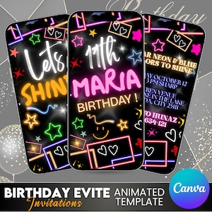 May include: Three smartphone-shaped digital birthday invitations with a black background and neon-style text and graphics. The invitations read "Let's Shine," "11th Maria Birthday!", and event details. The bottom banner says "Birthday Evite Animated Template."