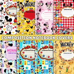 May include: A collection of spiral-bound composition notebook covers featuring various Disney character patterns including Mickey Mouse, Minnie Mouse, Pluto, and Donald Duck. Each cover includes a central label with the text COMPOSITION BOOK.