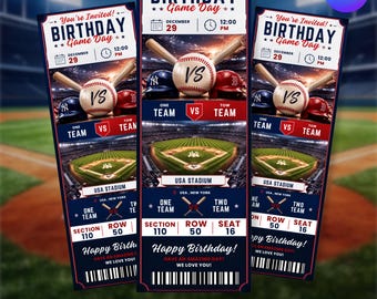 Invitation d'anniversaire sur le thème du baseball, invitation billet de baseball modifiable, invitation à une fête d'anniversaire, invitation pour un anniversaire le jour d'un match de baseball, modèle Canva