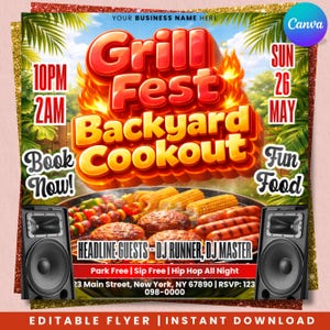 May include: A vibrant flyer promoting a "Grill Fest Backyard Cookout" event. The design features a red and orange color scheme with images of grilled food, palm fronds, and speakers. Text includes event details, headline guests, and contact information.