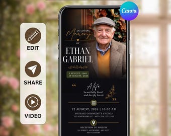 Invitation numérique pour une cérémonie funéraire, invitation téléphonique pour une célébration de la vie, invitation électronique modifiable par SMS, personnalisable avec Canva.